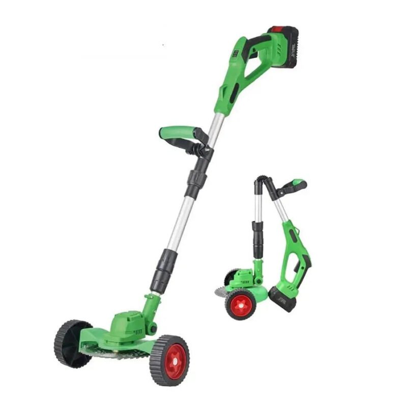 18V cordless electric lawn mower with brushless motor cutting grass in garden